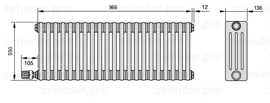Схема (чертеж) Радиатор Zehnder Charleston 4055/21 №V004 Белый глянцевый RAL 9016